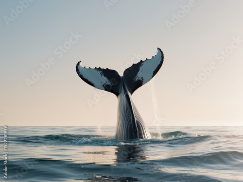 Humpback Whale Tail Fluke Emerging from the Ocean at Sunrise, Water Splashing