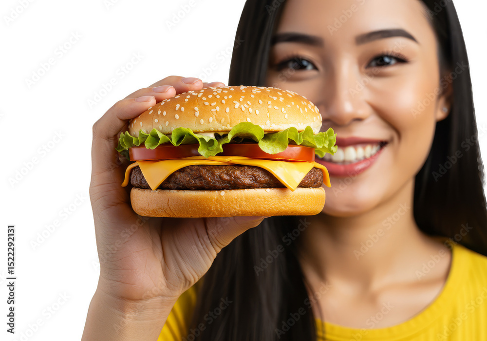 Portrait Of Smiling Asian Woman Holding Burger With Transparent Background Portrait Of Smiling Asian Woman Holding Burger With Transparent Background