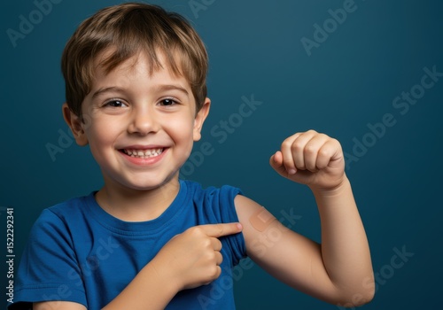 A smiling boy shows off his bandage after getting a vaccine shot at the clinic.