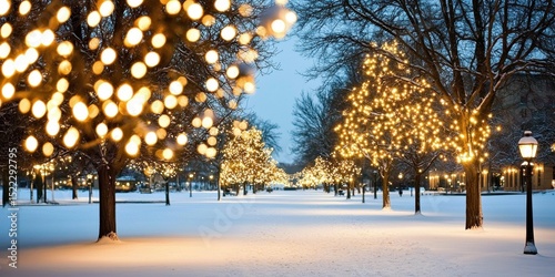 Snowy avenue lined with trees covered in glowing holiday lights during winter evening.