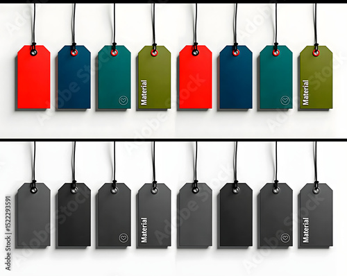 Stylish price tags in various colors hanging on strings on minimalist white background

