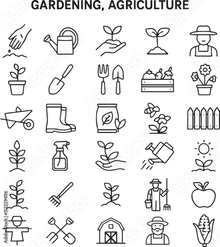Gardening, Agriculture line icon set. Vector pictograms of grow your own food, watering can, greenhouse, seedling, sprout, farmer, pollination, fertilizer thin linear illustration