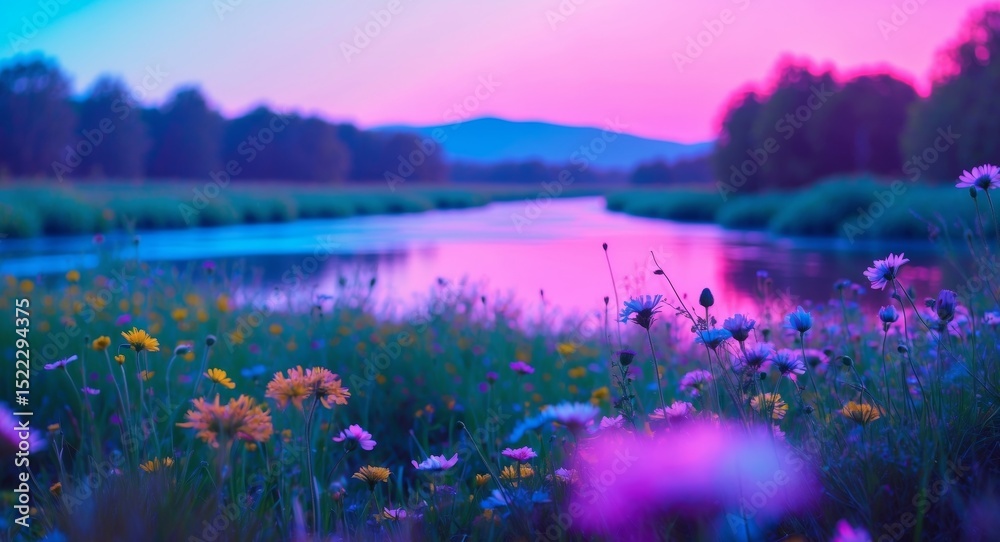 Obraz premium Serene Landscape. A Vibrant Meadow Reflecting the Hues of a Dreamy Twilight Sky.