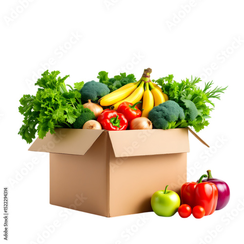 A cardboard box filled with fresh produce including bananas, broccoli and lettuce