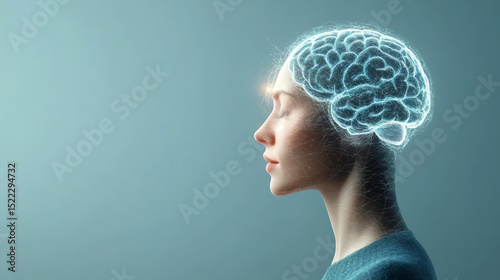 A thoughtful woman in profile, her head highlighted by a glowing brain illustration, symbolizing intelligence and reflection.