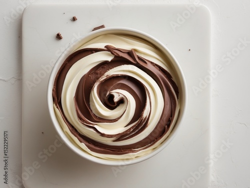 Swirled Chocolate and Vanilla Dessert in a Bowl, Topped with Chocolate Pieces.