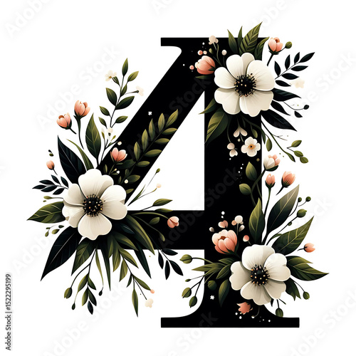 Black number 4 with flower and leaves on a transparent background. Generative AI