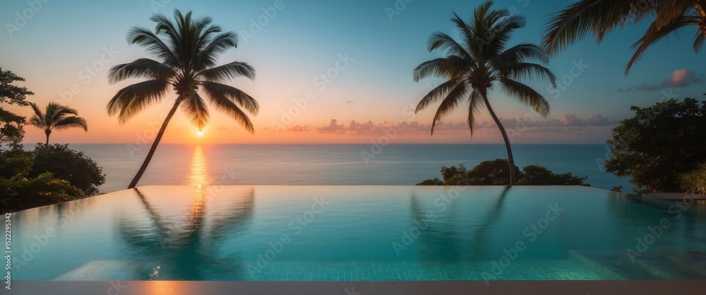 Obraz premium Tropical Sunset from Infinity Pool. Palm Trees, Ocean View, and Tranquil Setting