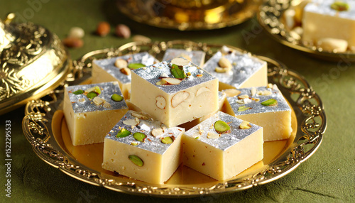 Traditional Indian Kaju Barfi sweets neatly arranged in a brass tray, topped with edible silver leaf and garnished with pistachios, surrounded by cashew nuts for festive stock use.