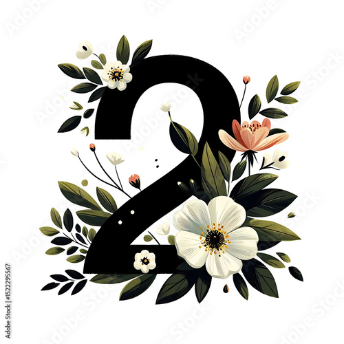 Black number 2 with floral on white. Generative AI