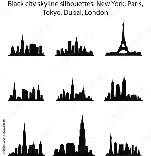 black city skyline silhouettes: New York, Paris, Tokyo, Dubai, London,