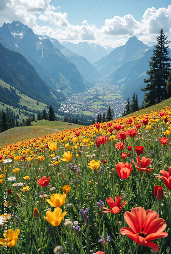 Fototapeta premium Stunning flower fields in Swiss Highlands with magical atmosphere and colorful blooms.