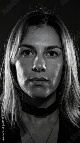 High contrast monochrome close-up portrait of a serious woman with direct gaze, emphasizing texture, lighting, and raw emotion.