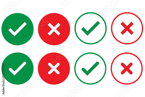 Set of tick mark in green and cross mark in red colour and stroke with white background, check and cross mark icon set. checkmark and x mark icon use for apps and website. checkmark, icon, vector.