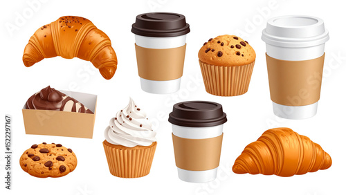 3d coffee and pastry. Tea cup, take away and cappuccino. Croissants and cookies, sweet cake desserts with cream and chocolate. Bakery shop pithy vector set
