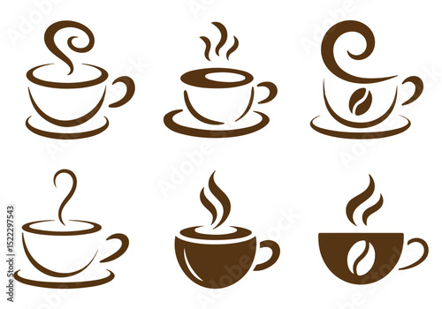 Set of brown coffee cup icons with steam and coffee beans