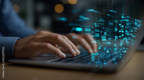 Futuristic Human-Computer Interaction with Holographic Interface and Digital Data Flow