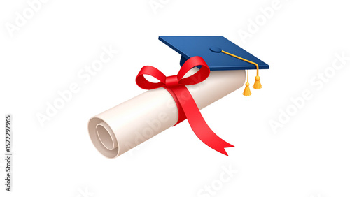 Graduation degree 3d icon. Paper roll with red ribbon and seal. Isolated diploma or certificate of academic education. College or university graduated, vector element