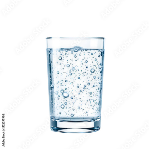 A clear glass filled with sparkling water and bubbles on a plain black background