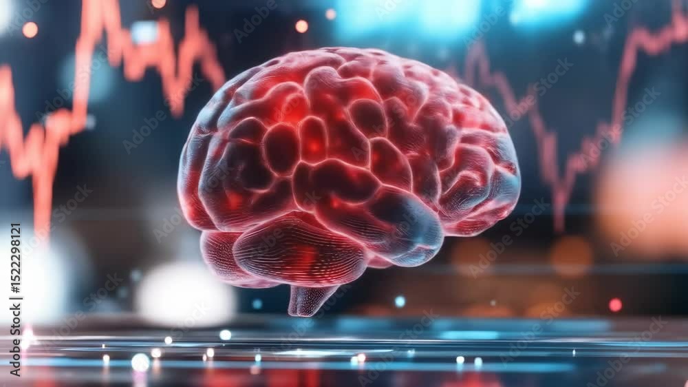 Translucent human brain digital interface with glowing red futuristic technology and medical science innovation, featuring neural network data analysis and healthcare intelligence, showcasing