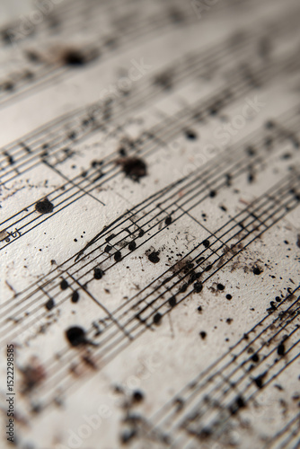 Blotted ink stains on sheet music paper with scattered splashes and old notes. Suitable for grunge or music-themed design.