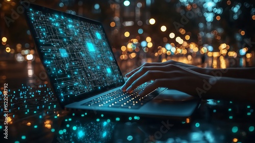 Futuristic Human-Computer Interaction with Holographic Interface and Digital Data Flow