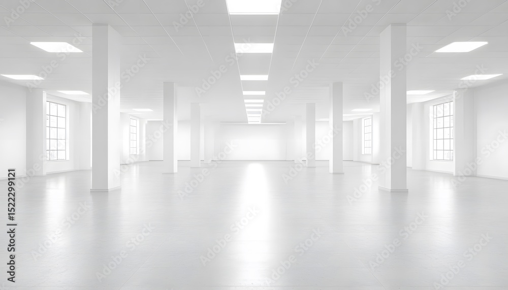 Obraz premium Empty, bright office space with white columns and windows.