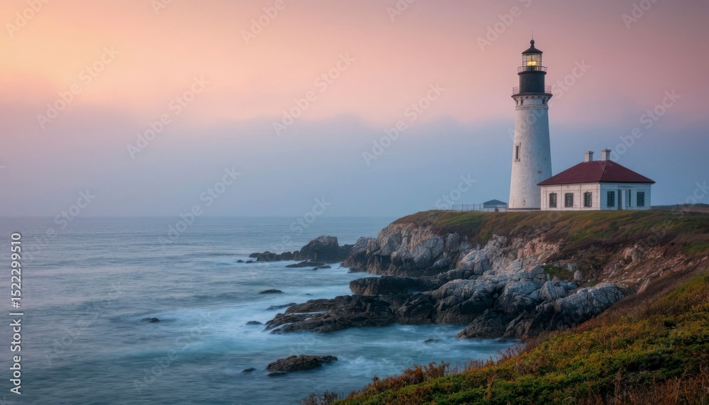 Naklejka premium Old Lighthouse in Foggy Morning Light – Calm and Mystical Coastal View