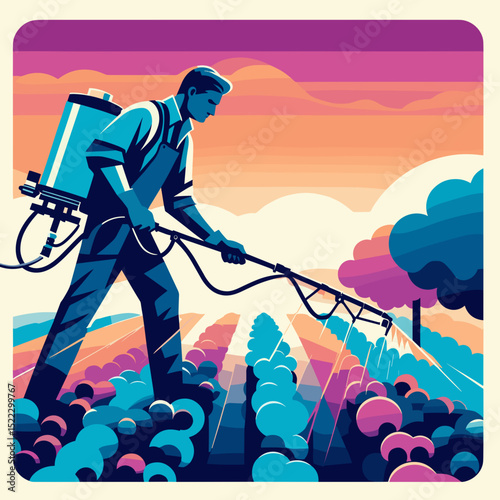 Technician setting up grape sprayer, with a vibrant mood, in a colorful vineyard