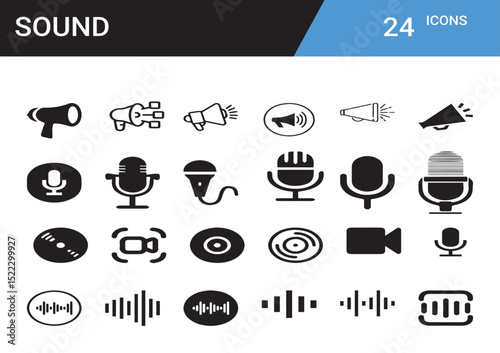 Sound Icon Collection: A comprehensive array of 24 icons representing various audio-visual elements, designed for both informational and design applications.