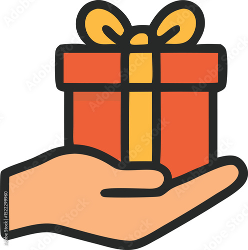 Hand holding a red gift box with yellow bow and ribbon