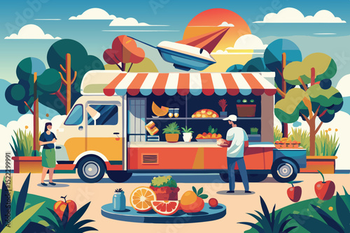 Colorful food truck serving fresh fruit and healthy snacks