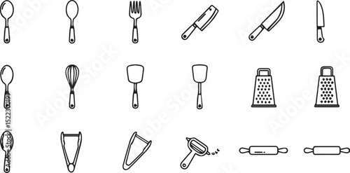 black and white Kitchen tools — spoon, fork, knife, whisk, spatula, grater, ladle, tongs, peeler, rolling pin.  icon file format set
