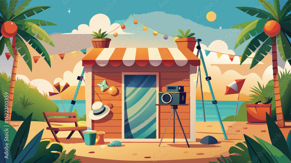 Obraz premium Beach photography studio summer vacation rental cartoon art