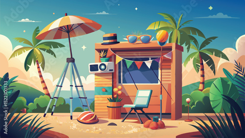 Beach scene with hut and palm trees summer vacation artwork