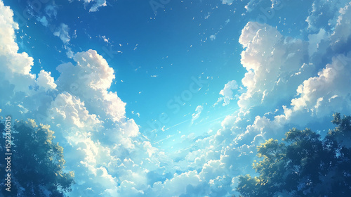 A breathtaking view of fluffy white clouds floating serenely against a vibrant blue sky an anime illustration with soft