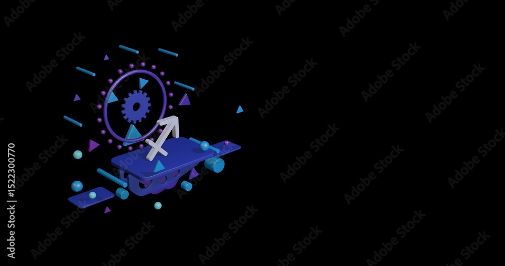 Obraz premium White zodiac sagittarius symbol on a pedestal of abstract geometric shapes floating in the air. Abstract concept art with flying shapes on the left. 3d illustration on black background