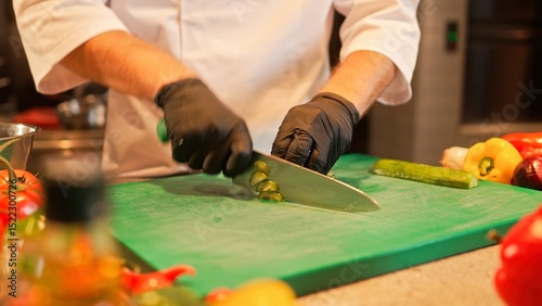 Close-up view of professional skillful male chef's hands chopping cucumber on cutting board. Hard-working experienced caucasian cook preparing ingredients before cooking delicious food.