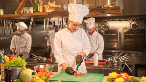 Photos Portrait of cheerful successful skillful female chef chopping tomato on cutting board with knife