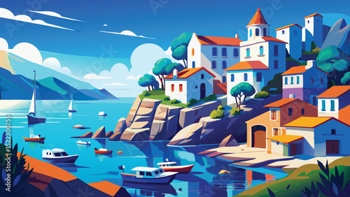 Coastal town boats sailing mediterranean sea illustration