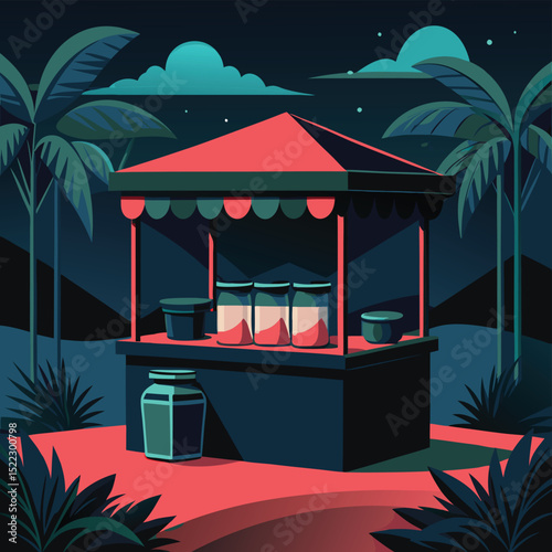 Tropical night market scene with food stall illustration