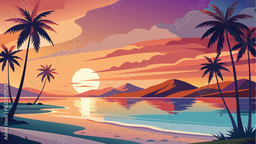 Tropical beach sunset scene with palm trees vector artwork