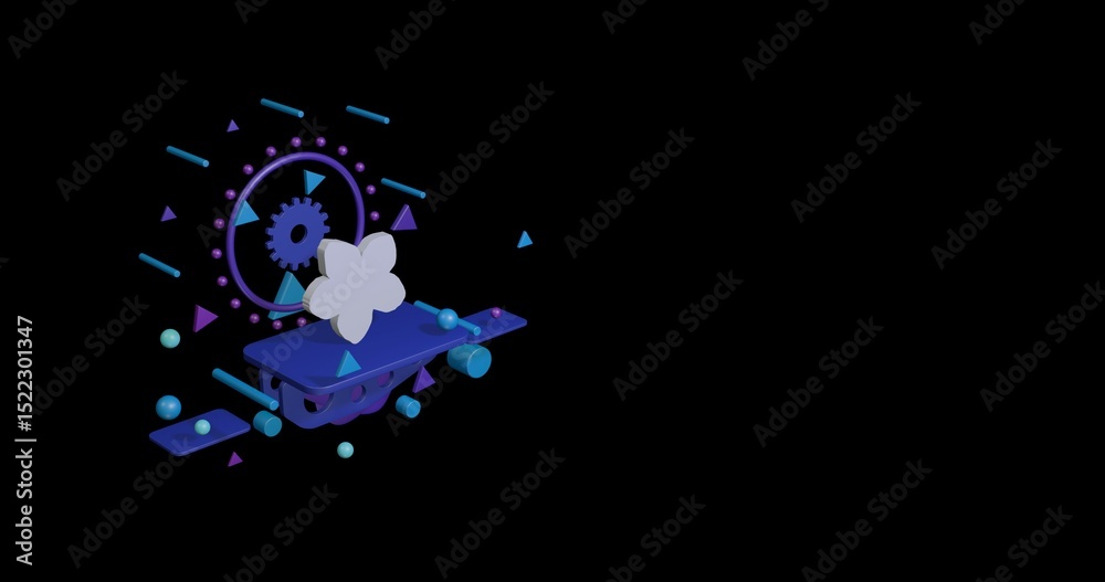 Obraz premium White forget-me-not flower on a pedestal of abstract geometric shapes floating in the air. Abstract concept art with flying shapes on the left. 3d illustration on black background