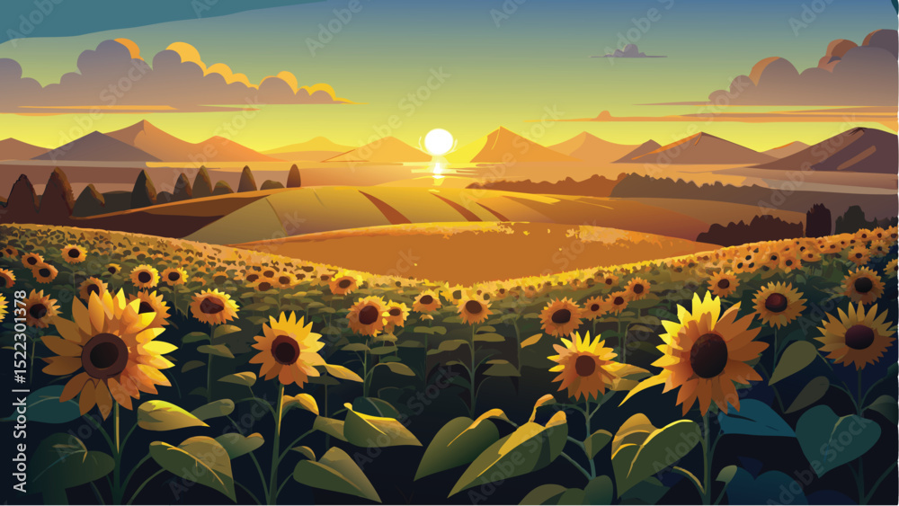Fototapeta premium Sunflower field sunset landscape painting illustration art