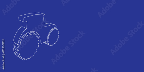 The outline of a large tractor symbol made of white lines on the left. 3D view of the object in perspective. Vector illustration on indigo background