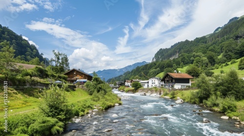 Serene Swiss Landscape: River Stream, Charming Houses & Alpine Beauty