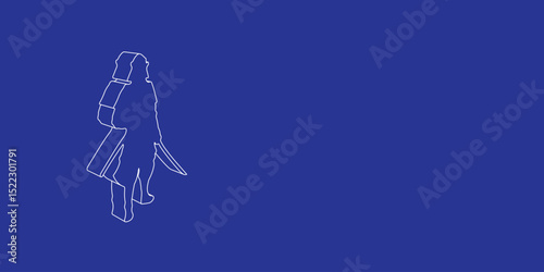 The outline of a large samurai symbol made of white lines on the left. 3D view of the object in perspective. Vector illustration on indigo background