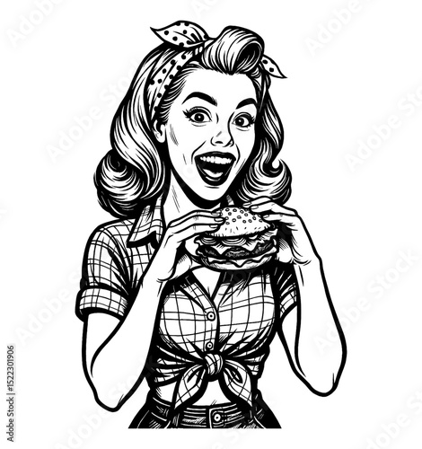 Smiling Retro Style Woman Holding a Hamburger with Both Hands in Black and White Outline