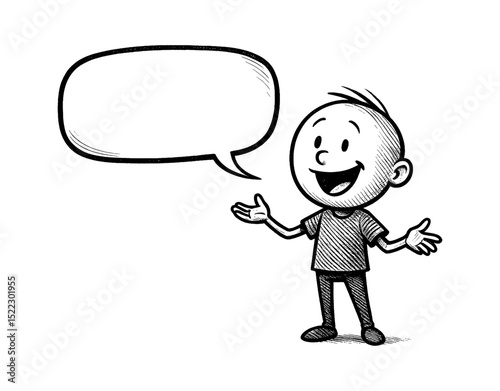 Happy Boy with Speech Bubble, Cartoon Character in Black and White Illustration Style