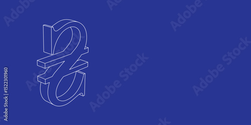 The outline of a large hryvnia symbol made of white lines on the left. 3D view of the object in perspective. Vector illustration on indigo background